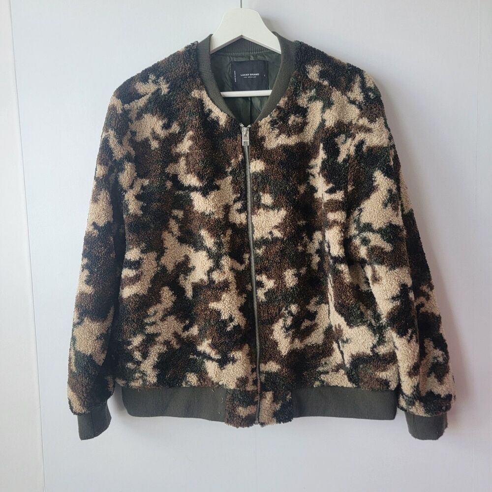 Lucky Brand Womens Bomber Jacket size L Camo Green Army Lined long sleeve
